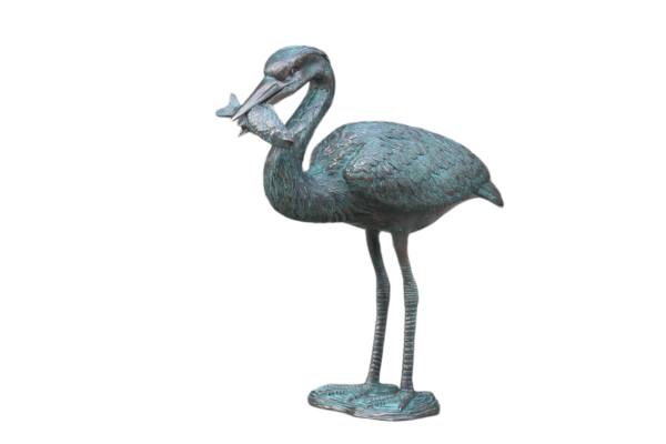 Heron Bird with Fish Standing Statue Verde Bronze Finish