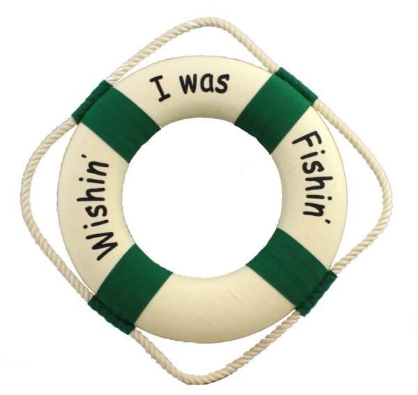 12” Wishin' I Was Fishin' Hanging White & Green Life Ring Decor