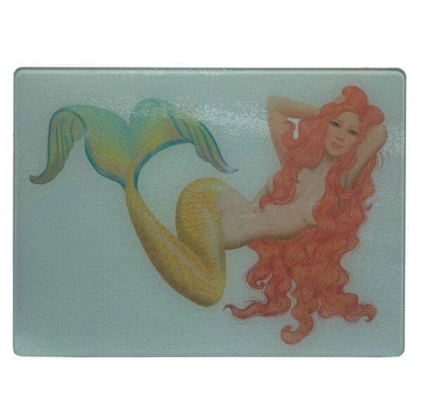 Mermaid Cutting Board Tempered Glass Red Head Sea Siren Kitchen Gift 15" x 11"H