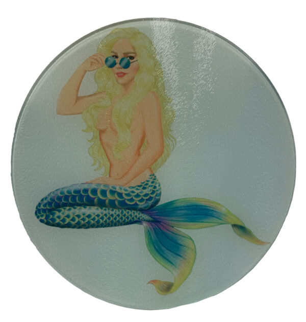Round Glass Cutting Board Blonde Sitting Mermaid