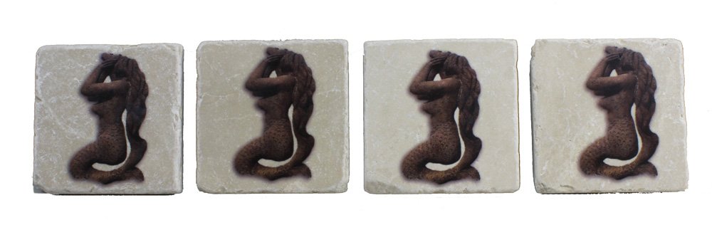 CI005 Set of 4 Stone Mermaid Coasters - Botticino Marble - Image 1