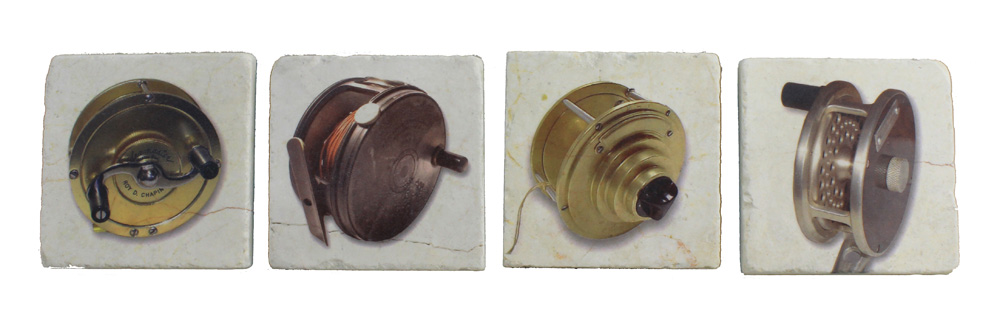CI024-antique-fishing-reel-coasters-set-of-4 Set of 4 Antique Fishing Reel Coasters - Botticino Marble - Image 1