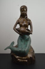 20"H Two-Tone Bronze and Verdigris Aluminum Mermaid Statue Figurine