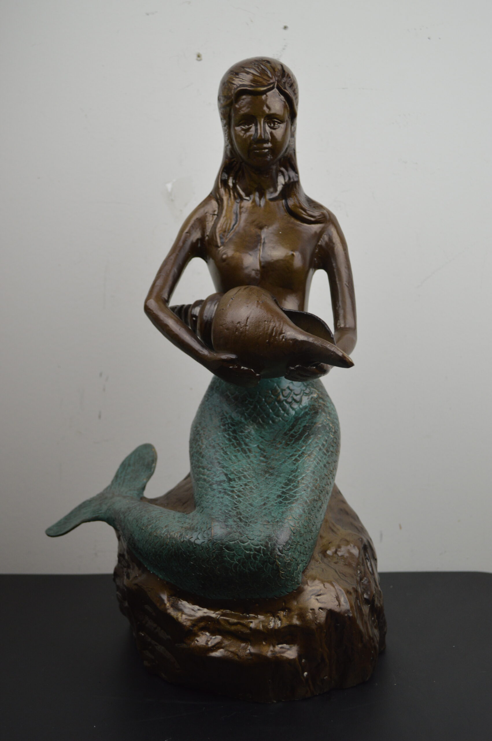 DSC_1341 20"H Two-Tone Bronze and Verdigris Aluminum Mermaid Statue Figurine - Image 1