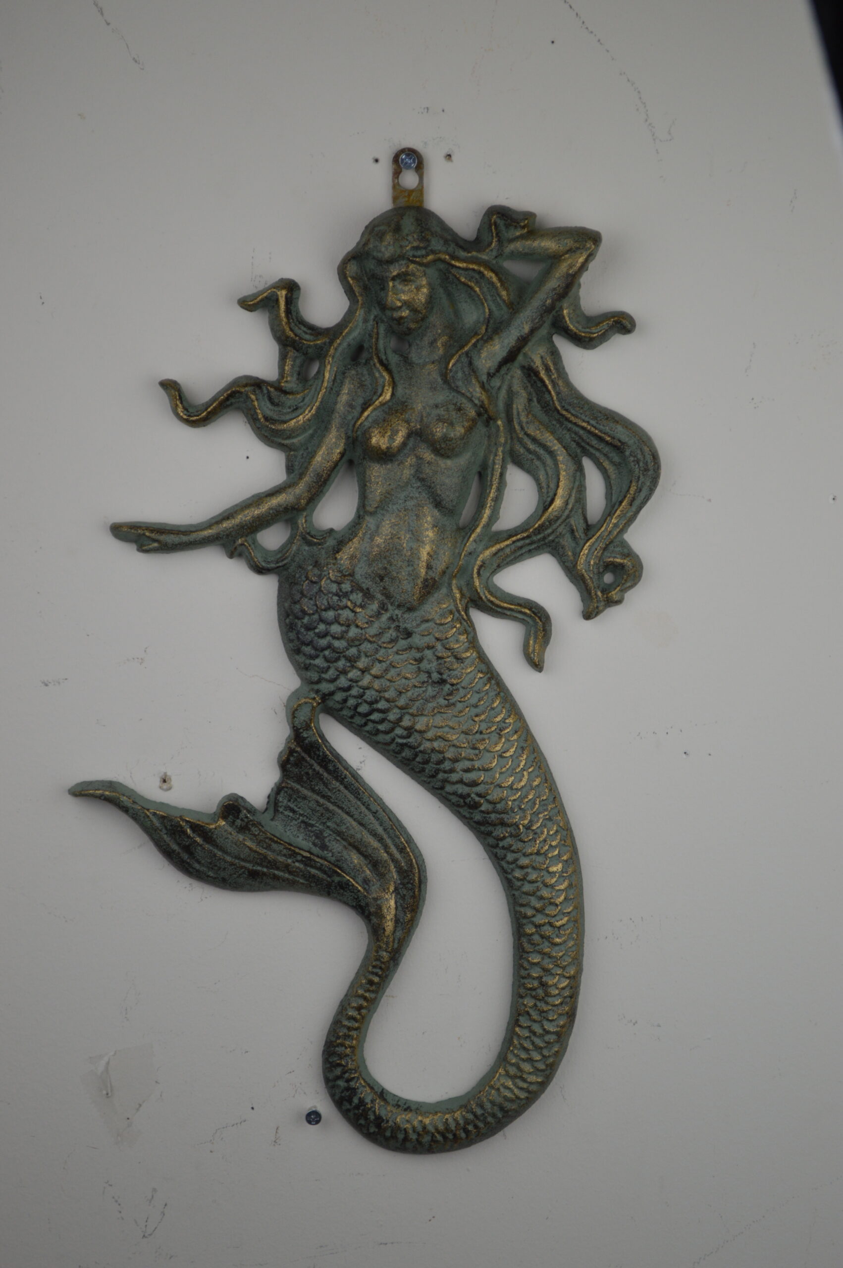 DSC_1345 17"H Verdigris Finish Iron Wall Mermaid Decor - Image 1
