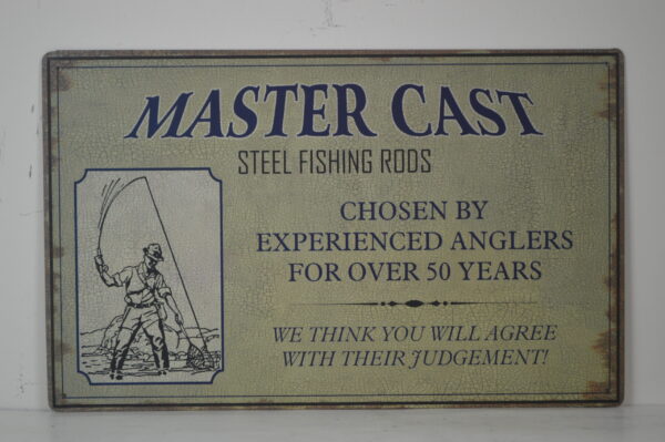 16"L Master Cast Fishing Rod Advertisement Tin Wall Sign