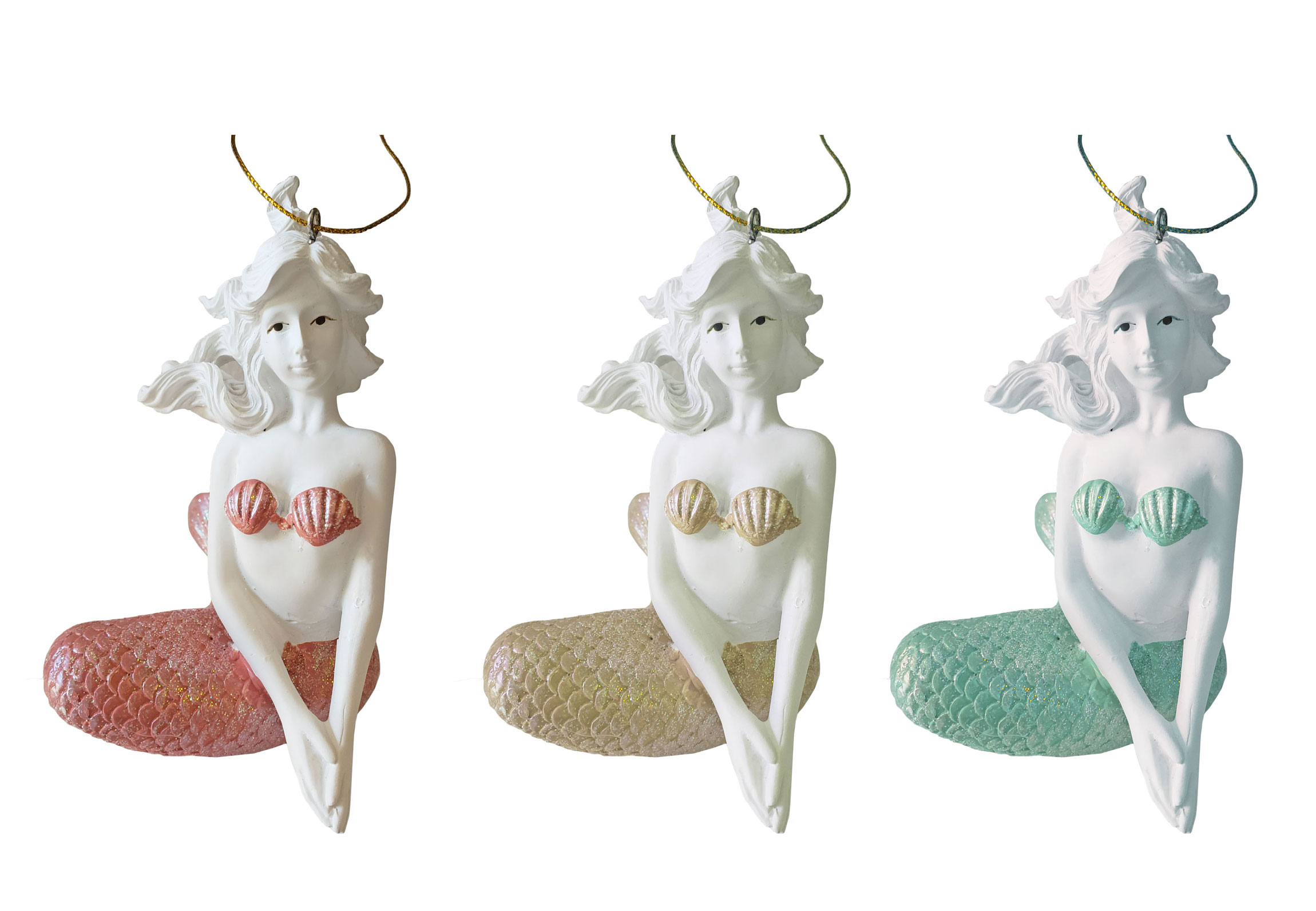 FT065-SET-OF-3 Set of 3 Sitting Mermaid Ornaments In Multiple Colors - Image 1
