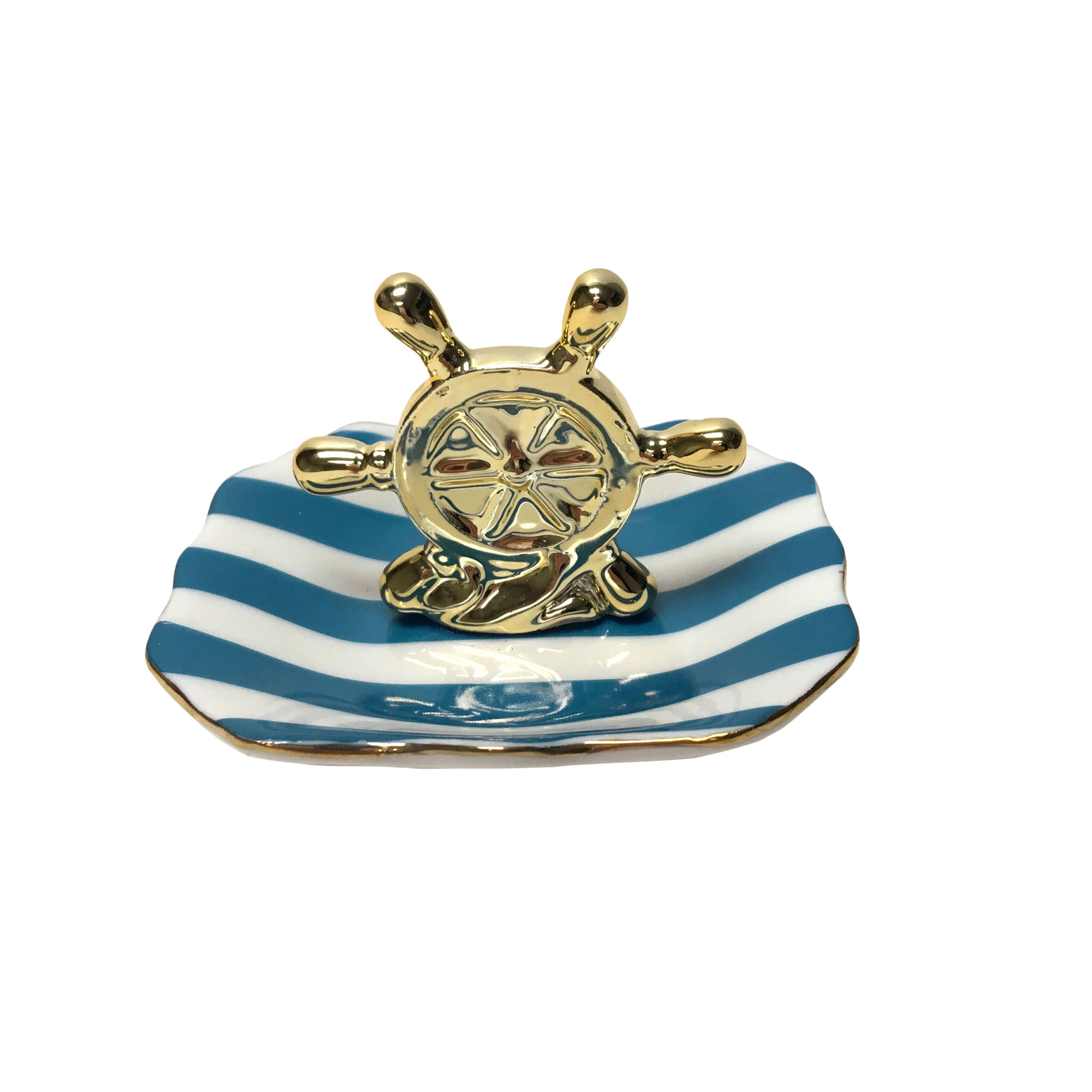 FT072-1 Shipwheel Ceramic Ring Dish Nautical Blue Striped Trinket Tray - Image 1