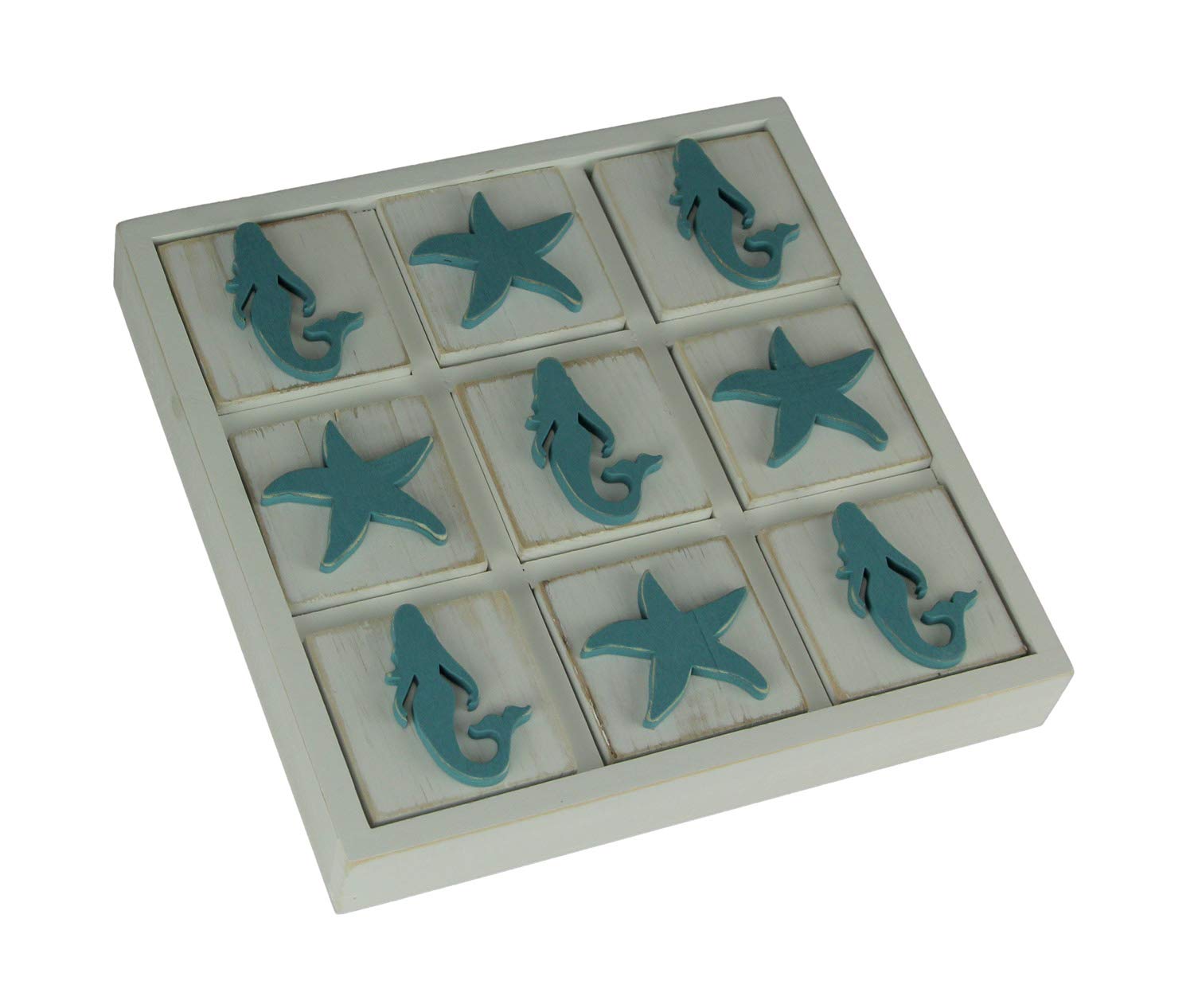FT076-1 Fancy That Blue and White Wood Mermaid and Starfish Tic Tac Toe Game Board - Image 1