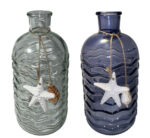 Set of 2 Glass Wave Bottles or Vases with Shell Accents Blue and Clear