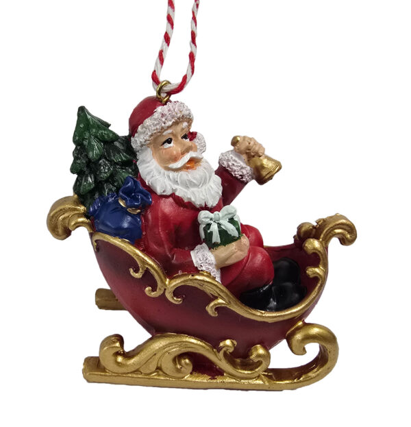 Santa Claus Sleigh Christmas Ornament, Vibrant Red and Gold Accents