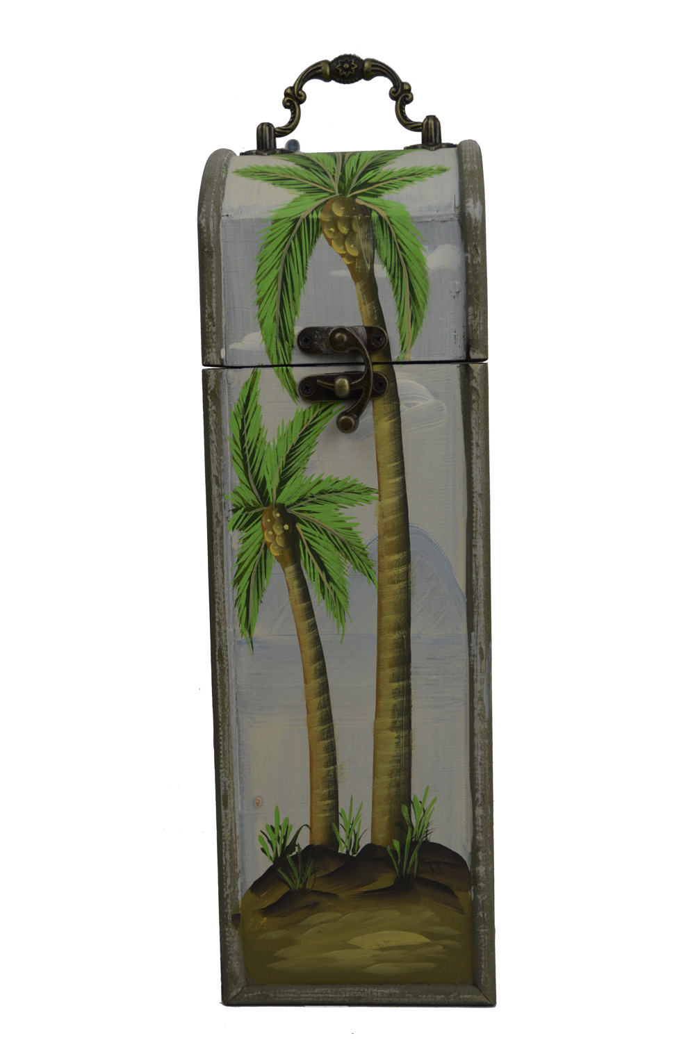 G594-palm-tree-wine-bottle-holder-box 14.5"H Wooden Locking Palm Tree Wine Bottle Holder - Image 1