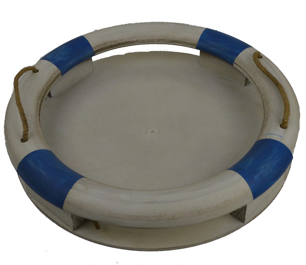 G724-white-and-blue-life-ring-serving-tray 16"Dia White and Blue Wooden Life Ring Serving Tray - Image 1