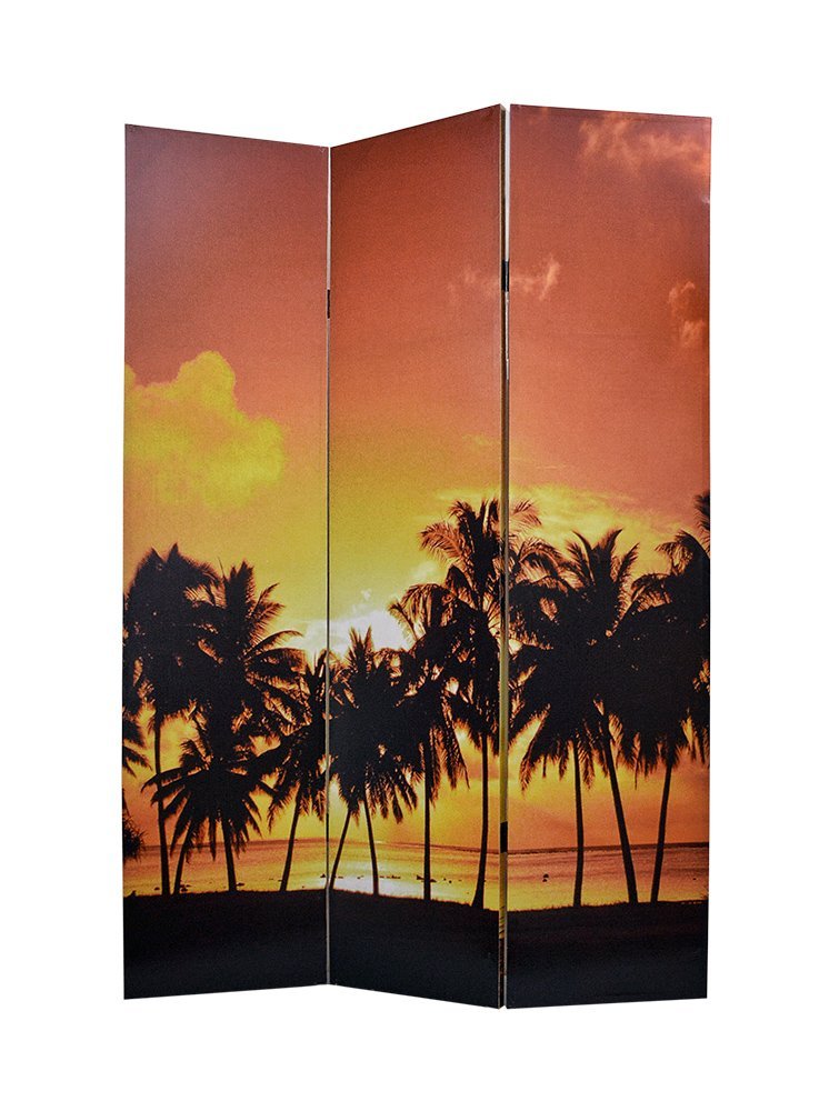 G826-palm-trees-sunset-oasis-room-screen-divider 70" Palm Trees Sunset Oasis Canvas Room Screen Divider - Image 1
