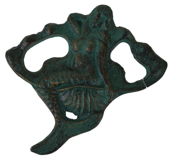 4"L Verdigris Finish Iron Mermaid in Shell Shaped Double Bottle Opener