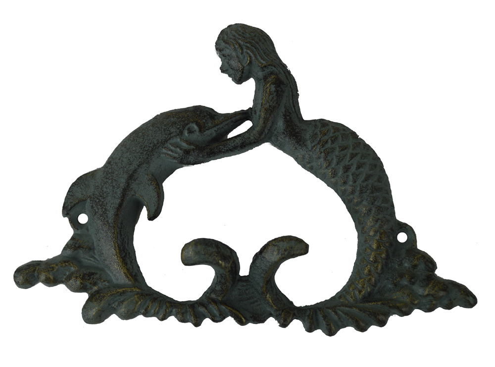 G848-verdigris-finish-iron-mermaid-and-dolphin-double-wall-hooks 7.25"W Verdigris Finish Iron Mermaid and Dolphin Double Wall Hooks - Image 1