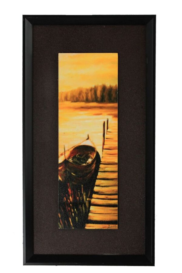 15.75" Wooden Boat Pier Scene Painting - Framed and Matted