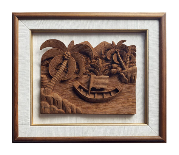 Hand Carved Wooden 3-D Tropical Lagoon and Palm