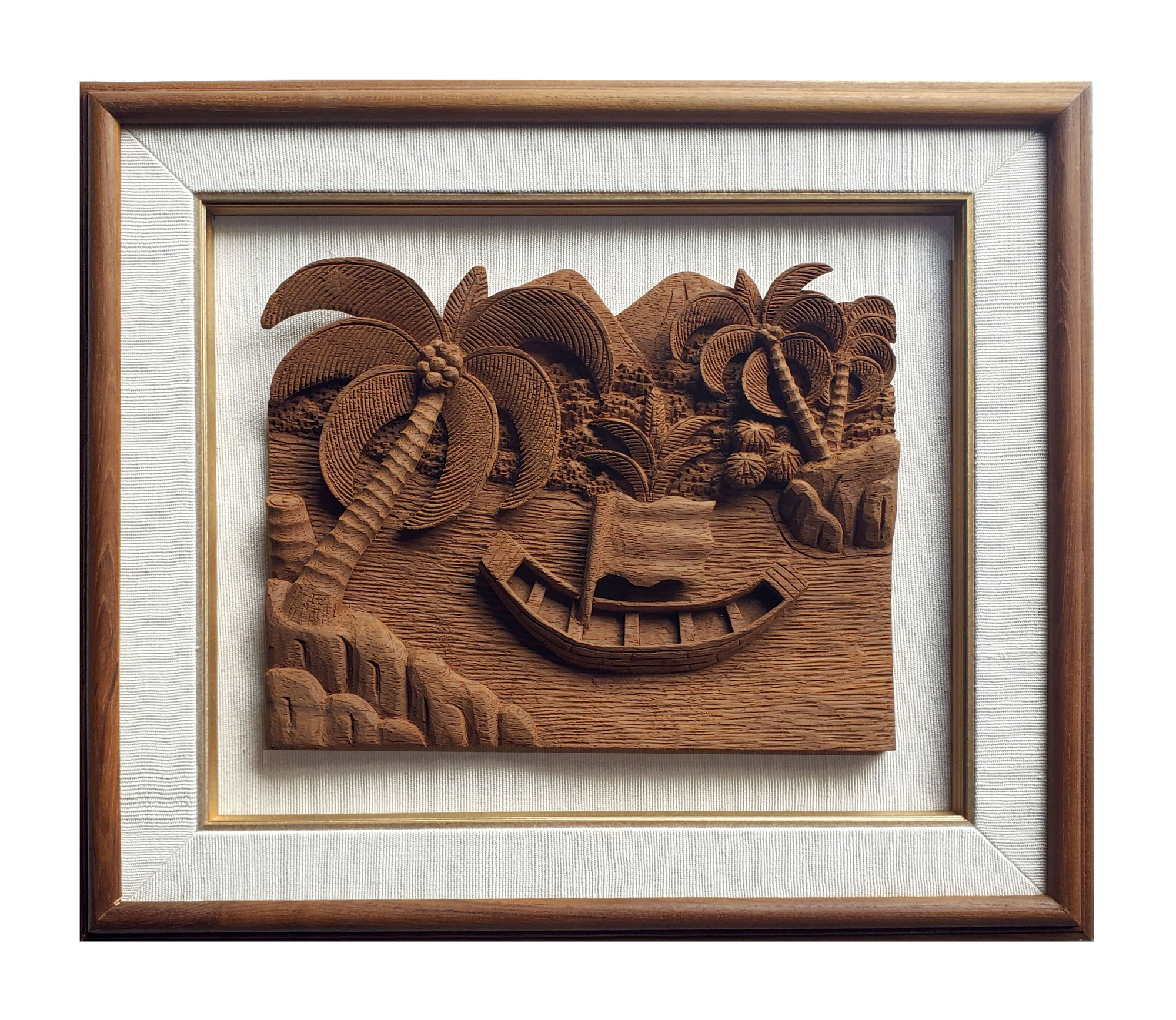 HA001 Hand Carved Wooden 3-D Tropical Lagoon and Palm - Image 1