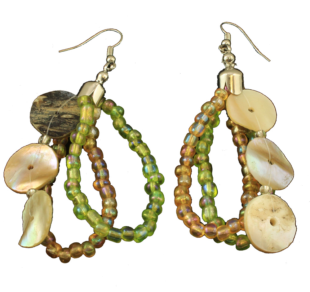 HE007-bali-natural-green-beaded-beach-earrings Bali Natural Green Beaded Earrings 3"L - Image 1