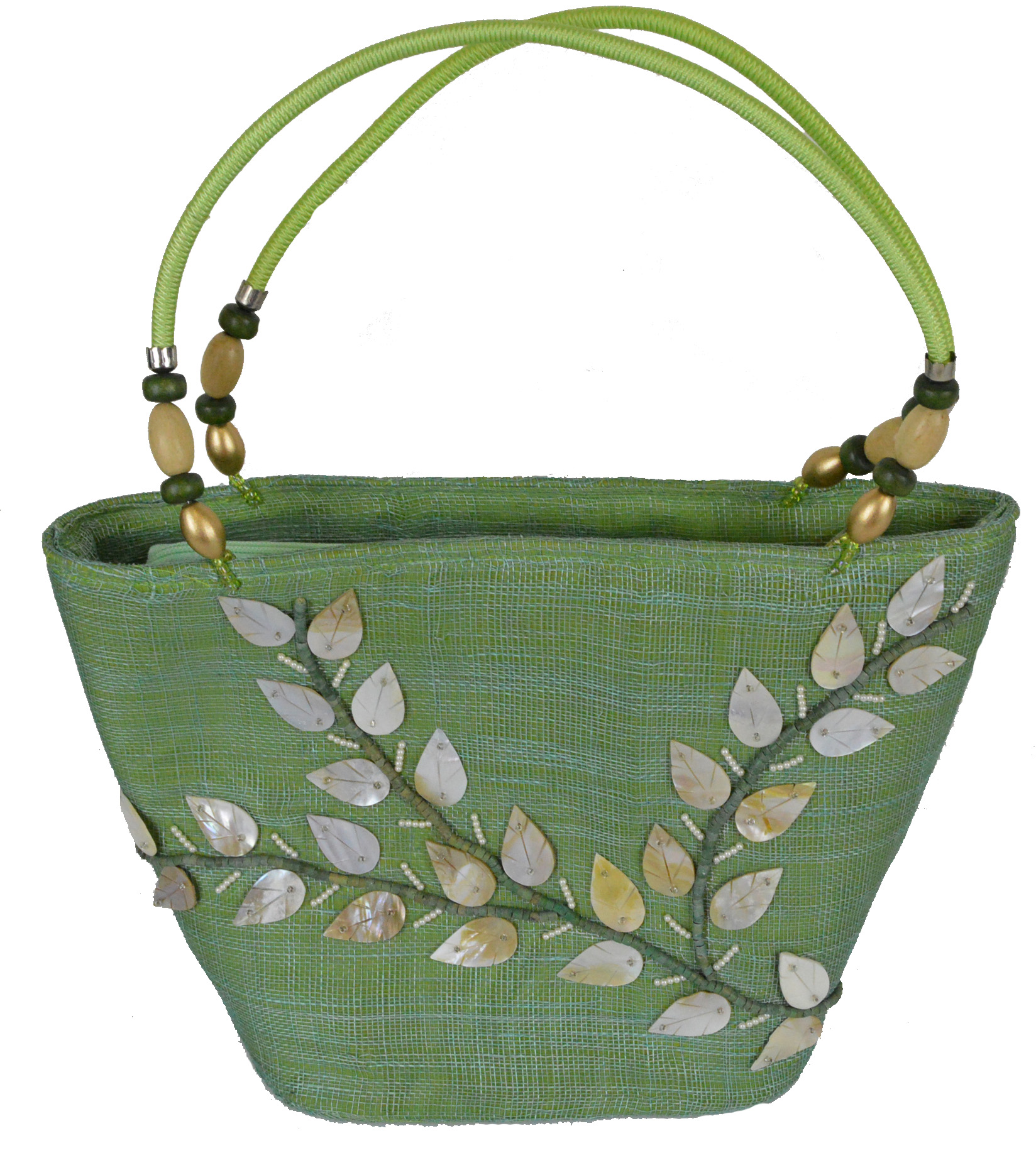 HE009-cozumel-lime-green-shell-beach-handbag 14"L Cozumel Lime Green Large Tote Style Handbag with Seashell and Bead Inlay and Double Fabric Handles - Image 1