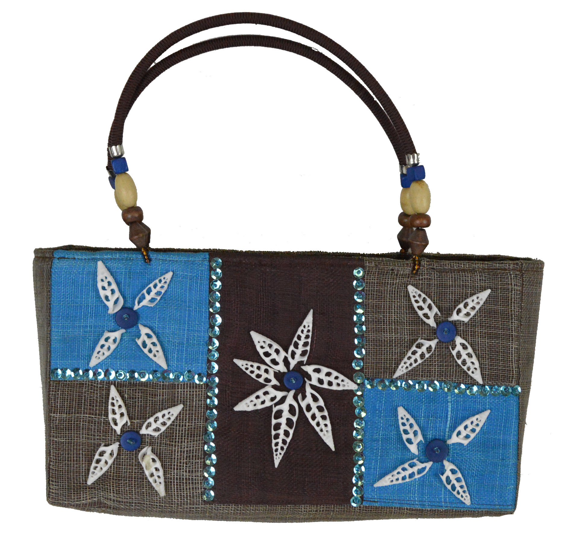 HE021-fiji-brown-blue-shell-beach-handbag 14"L Fiji Brown and Blue Medium Tote-Style Handbag with Flower Seashell Inlay and Double Fabric Handles - Image 1