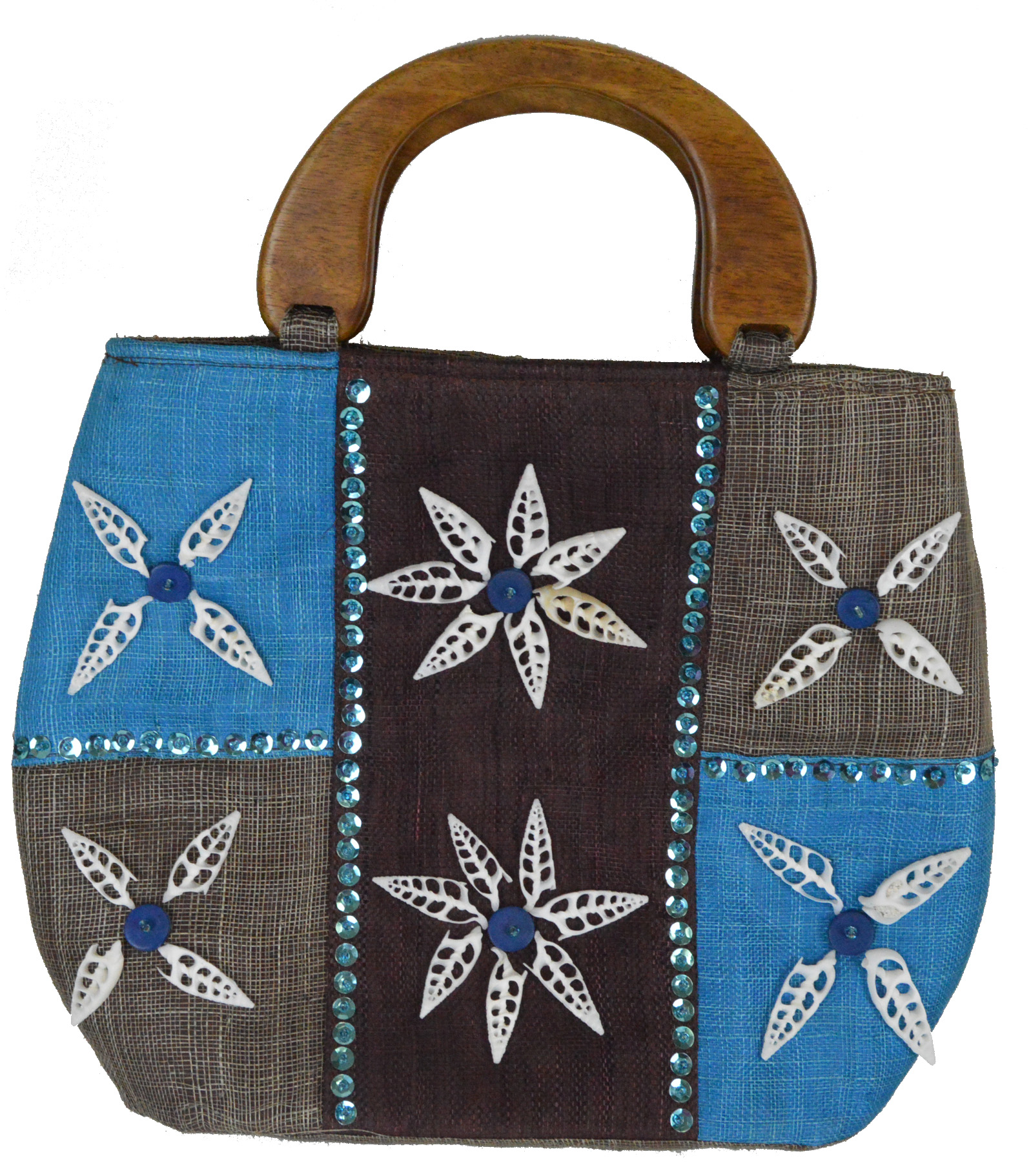HE022-fiji-brown-blue-shell-beach-handbag 13"l Fiji Brown Blue Large Tote-Style Handbag with Flower Seashell Inlay and Double Roble Wooden Handles - Image 1