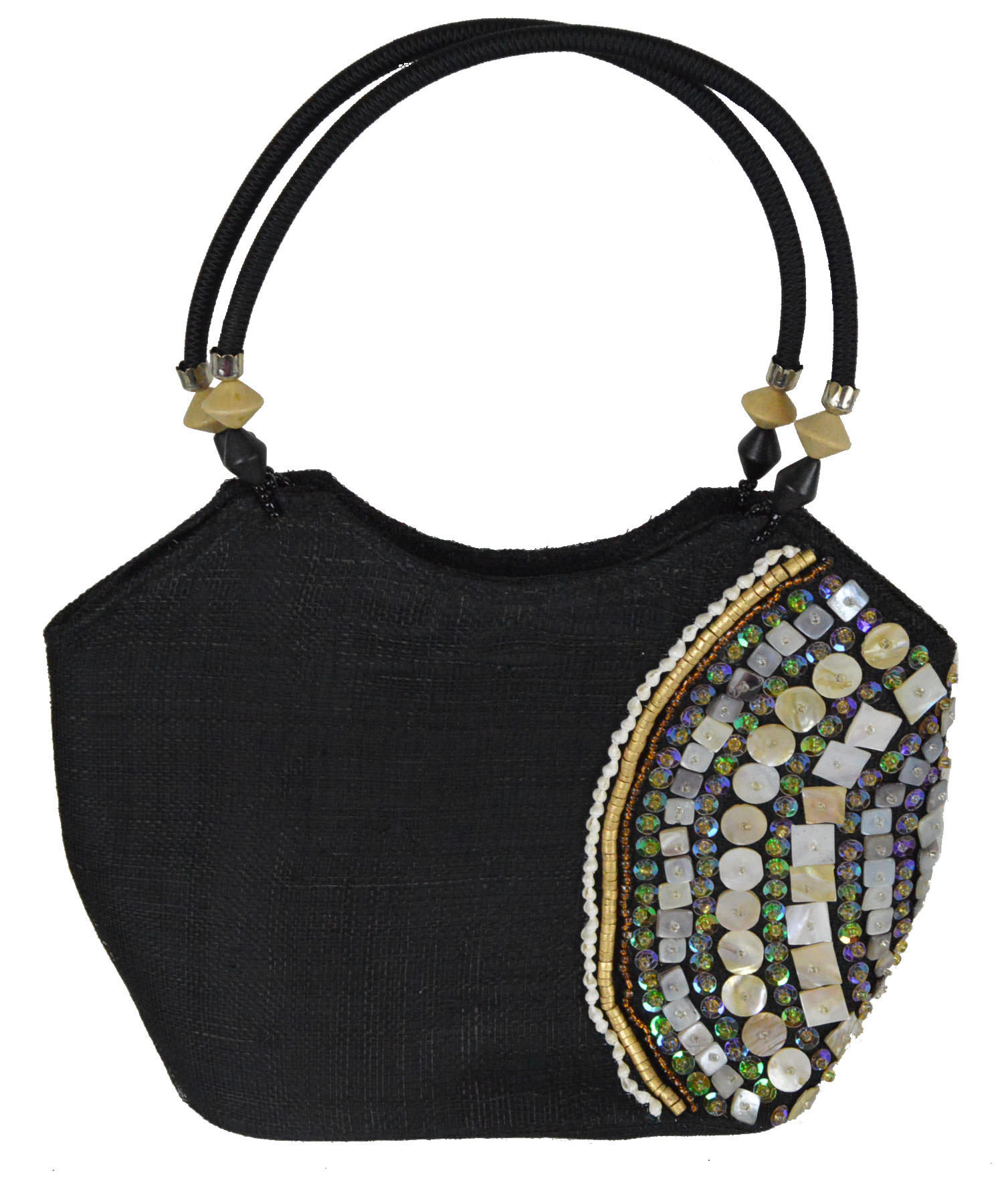 HE044-belize-black-shell-handbag 12"L Belize Black Medium Tote-Style Handbag with Seashell and Bead Inlay and Double Fabric Handles - - Image 1