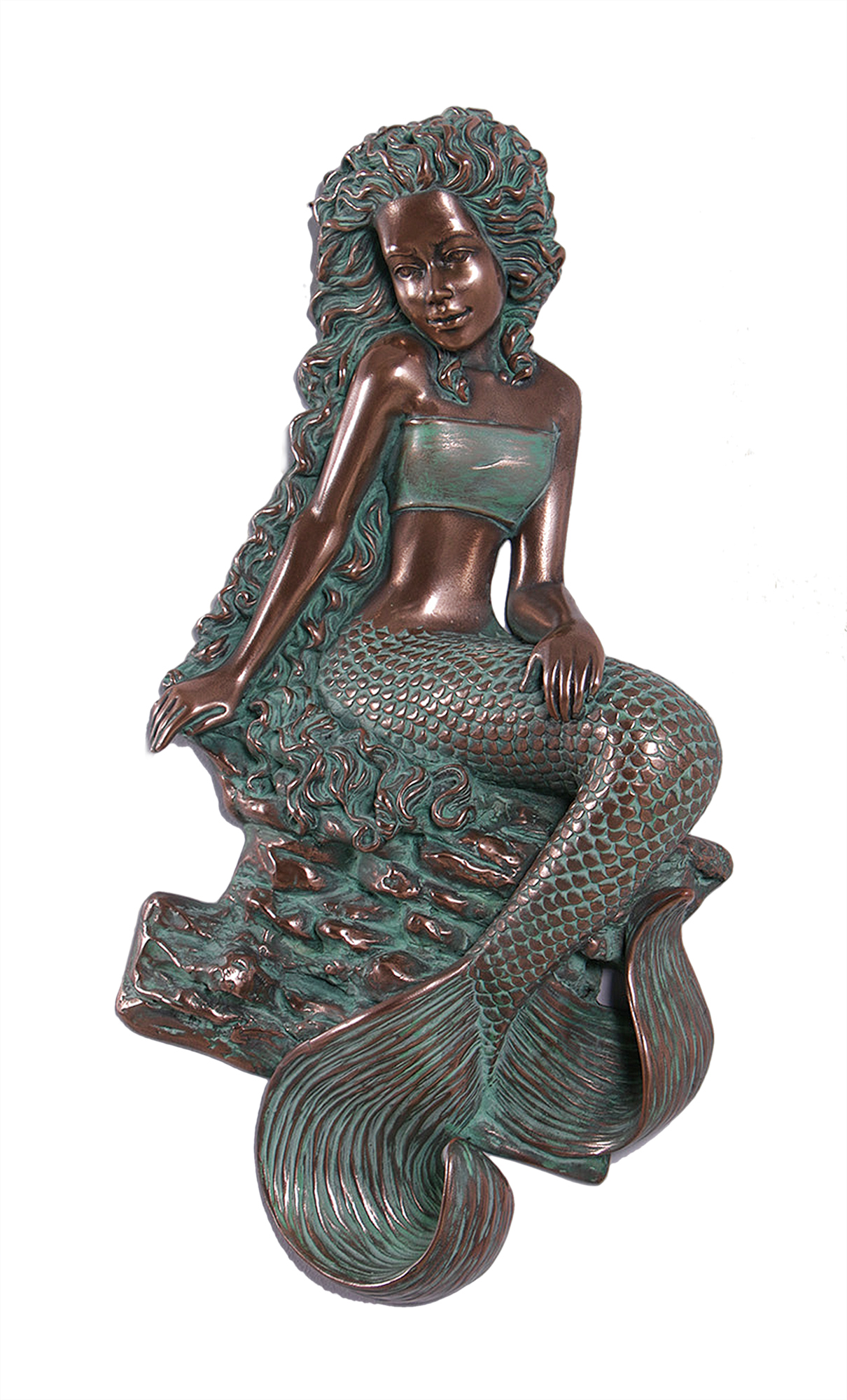 HX347-melody-on-rocks-mermaid-bronze-finish Melody Girl Mermaid Wall Sculpture Young Sea Maiden Art (Verde Bronze) - Image 1