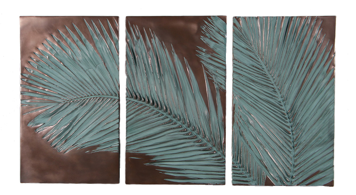 HX350-verde-bronze-finish-palm-tree-negative-wall-triptych-HX350 70" Verde Bronze Finish Palm Leaf Triptych Wall Mount Decor - Image 1