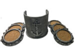 Set of 6 Porthole Drink Coasters with Heavy Duty Anchor Designed Holder Antique Silver