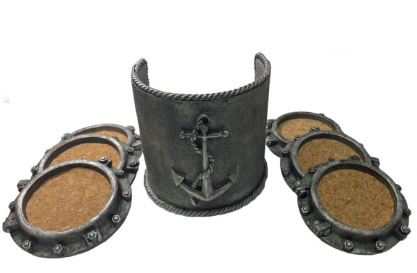 Set of 6 Porthole Drink Coasters with Heavy Duty Anchor Designed Holder Antique Silver