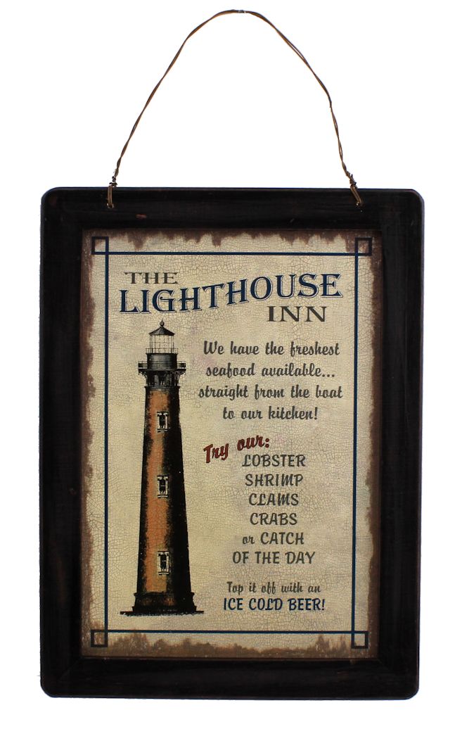 OW054-the-lighthouse-inn-wall-sign Vintage Look Sign The Lighthouse Inn Tin With Wood Frame Hanging Wall Decor - Image 1