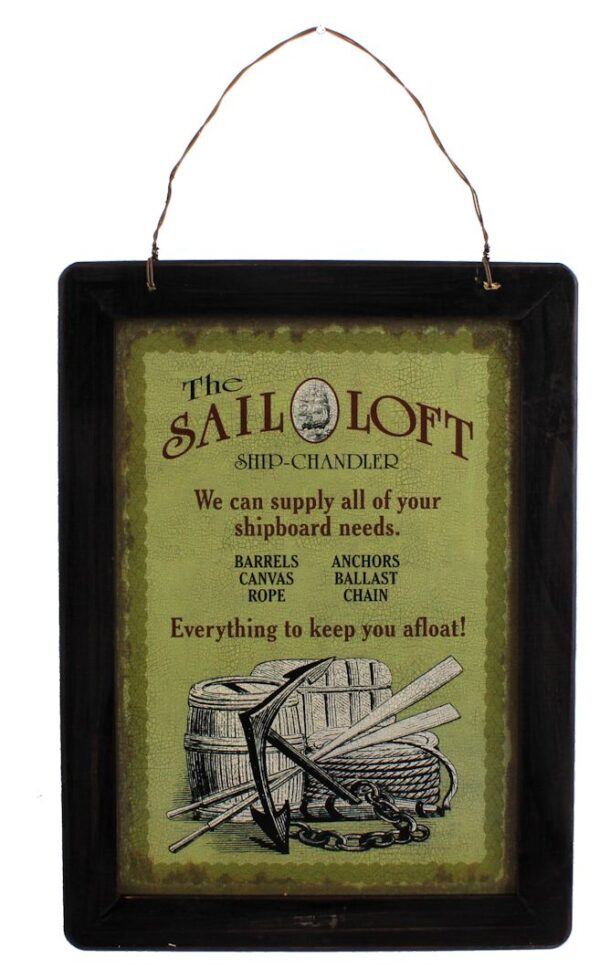 Vintage Look Sign Sail Loft Nautical Necessities Tin With Wood Frame Hanging Wall Decor