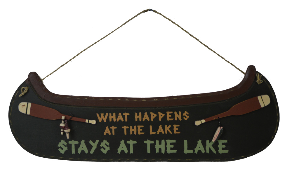 OW108-what-happens-at-the-lake-stays-at-the-lake-canoe-shaped-wall-sign 15"L What Happens at the Lake Stays at the Lake Canoe Shaped Wall Sign