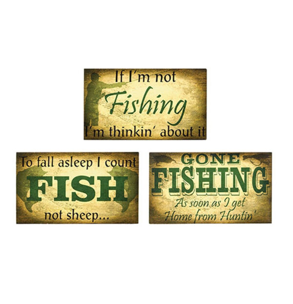 Set of 3 Fishing Novelty Wooden Plaques Lodge Style Wall Decor
