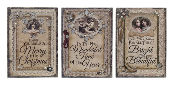 Set of 3 Vintage Style Christmas Wooden Plaques - Seasonal Holiday Wall Decor