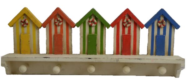 5 Piece Colorful Wooden Beach Hut Shelf & Hooks Wall Decor