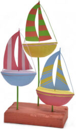 14.5"H 3 Piece Key West Colorful Wood & Tin Sail Boat Figures on Stand