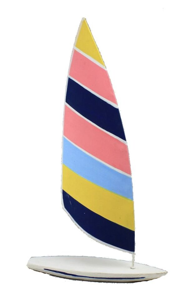 Wooden Surfboard with Tin Sail Standing Figure Key West Colors 18 Inch