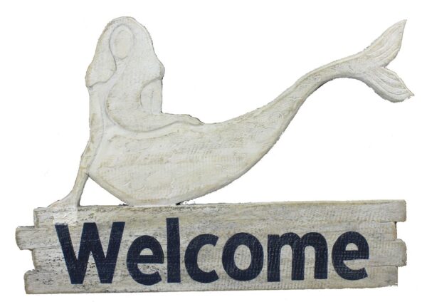 22" White & Blue Wooden Welcome Mermaid Wall Sign