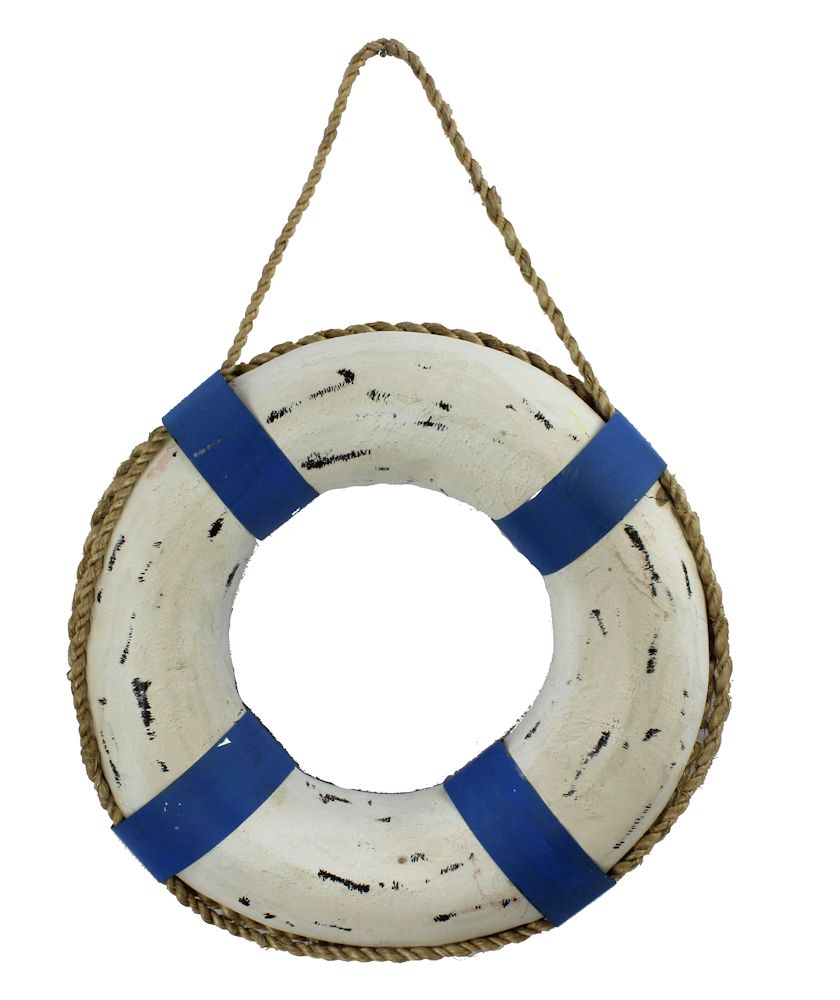 RC187-white-and-blue-13-inch-life-ring-wall-decor 13" Distressed Light Blue & White Wooden Life Ring Wall Decor - Image 1