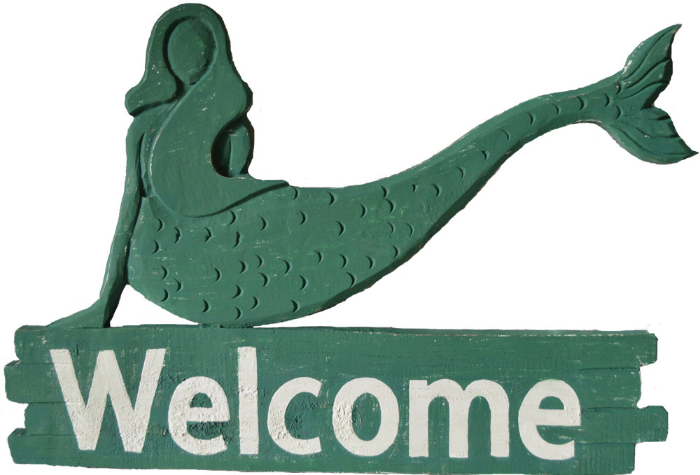 RC202-wood-mermaid-wall-sign-welcome-teal 22" Teal Wooden Mermaid Welcome Wall Sign - Image 1