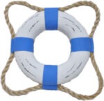 10”H Wood Life Ring with Rope Blue and White