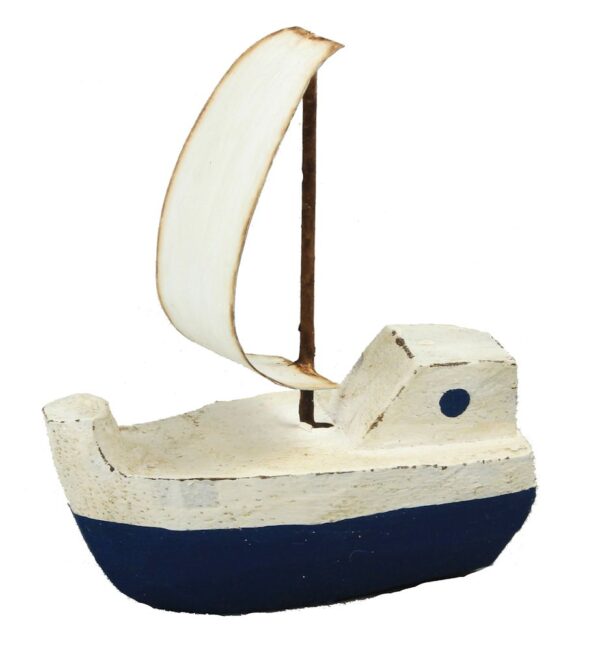 3.5” Blue & White Wooden Boat with Tin Sail Figurine