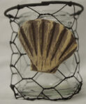 3.25”H Scallop Wire and Glass Tea Light Candle Holder with Wood Applique