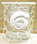 3.25”H Nautilus Whitewash Wire and Glass Tea Light Candle Holder with Wood Applique