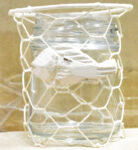 3.25”H Fish Whitewash Wire and Glass Tea Light Candle Holder with Wood Applique