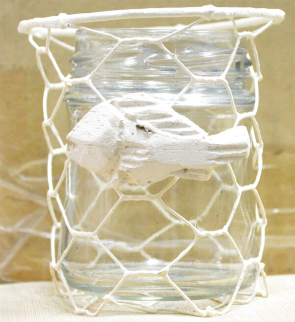 3.25”H Fish Whitewash Wire and Glass Tea Light Candle Holder with Wood Applique