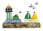 18.5"L Wood Lighthouse Scene with Tin Birds and Sailboats on Wooden Log Base
